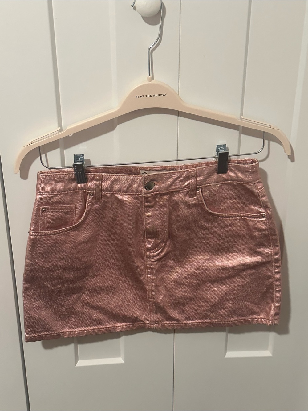 Vintage Miss Selfridge Metallic Rose Pink Denim Mini Skirt size 6